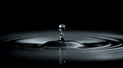 A mesmerizing close-up of a water droplet creating ripples on a black surface.