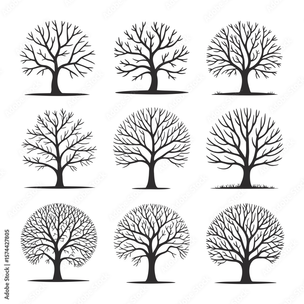 Poster a collection of nine bare trees with intricate branch patterns arranged in a grid layout