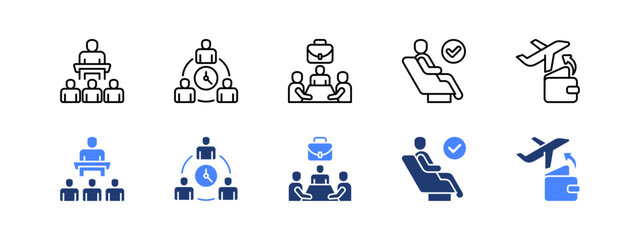Business Travel icon sheet with Conference, Meeting, Meetings, Business, Expenses.