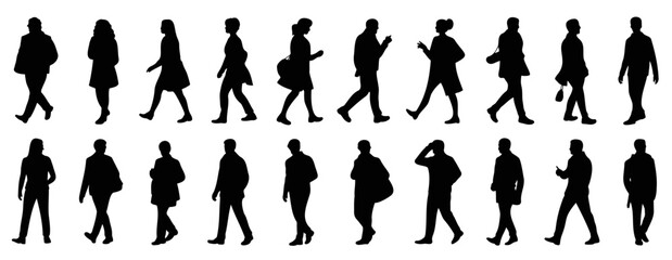 Silhouette depictions of various people walking in different directions and postures shown in rows