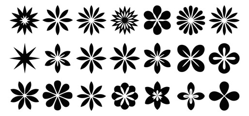 Illustration of twenty one black floral shapes arranged in three rows on a white background