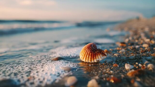 Beautiful seashell found on the beach at sunset