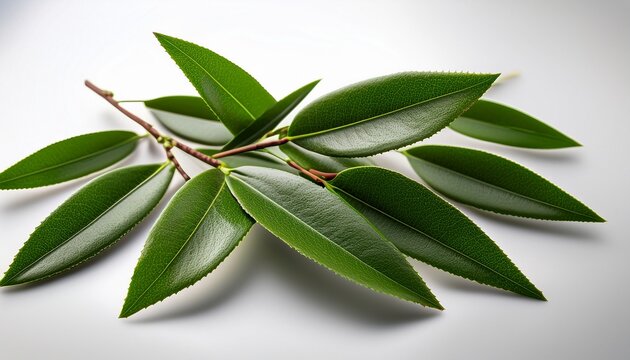 tea tree leaves displayed with small and pointed shapes against a transparent background