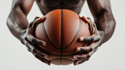 Close-up of Strong Hands Gripping Basketball - Detailed Shot of Player with Ball on White Background