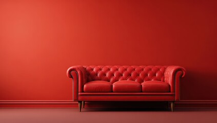 Red button-tufted sofa against a matching red wall and floor in a simple, staged room