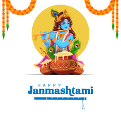 Vector illustration of Lord Krishna playing flute on Happy Janmashtami holiday Indian festival greeting background