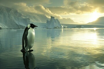 Fototapeta premium Emperor penguin enjoying a beautiful sunset in its natural habitat, antarctica