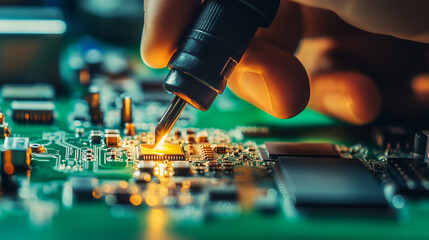 Close up shot of engineer hand holding soldering tool, working on circuit board with glowing components, showcasing precision and skill
