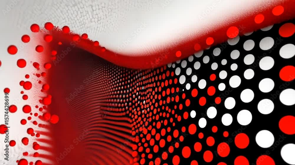 Poster dynamic flow of red and white dots on a black background, creating a modern abstract feel