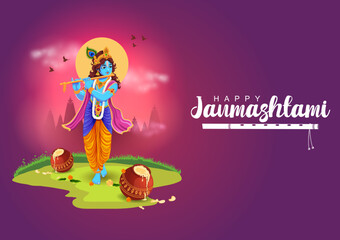Vector illustration of Lord Krishna playing flute on Happy Janmashtami holiday Indian festival greeting background