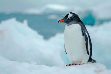 Obraz premium Gentoo penguin standing on a snowy ice floe with antarctic ocean in the background