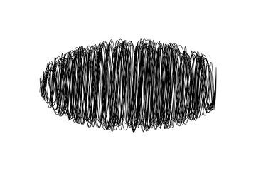 Dense scribble oval texture in black ink. Abstract hand-drawn shape for grunge-style overlays, highlights, or design accents