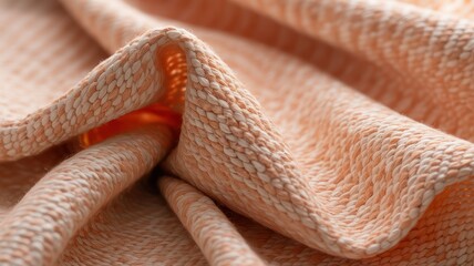 A close up shot of a peach colored knitted fabric with visible texture and subtle lighting effect