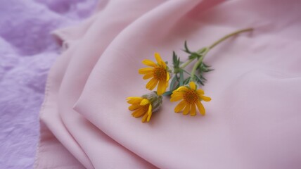 Three yellow flowers with green stems lying on a light pink fabric with a purple fabric nearby
