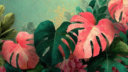 Lush tropical leaves watercolor texture in soft green and pink, organic pattern seamless repeat print design. Botanical foliage wallpaper background