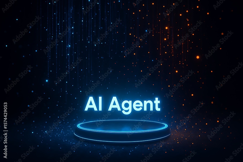 Poster vibrant display showcasing an ai agent on a futuristic podium with a neon glow and particle effects.