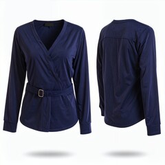 Navy blue long-sleeve wrap blouse showcasing front and back views on white background