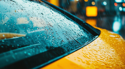 Close up shot of car windshield covered in raindrops, showcasing beauty of nature elements and urban reflections