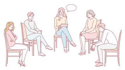 An illustration showing a dynamic group therapy session with five participants engaging in meaningful discussion