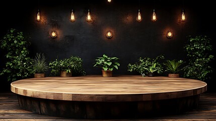 Round wooden platform surrounded by plants and vintage lighting.