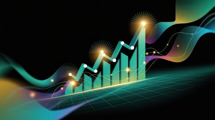A financial graph with an upward trend and glowing lights on a dark background showing growth data