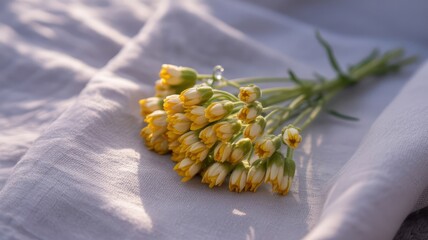 Close up of yellow flowers with green stems on a white wrinkled fabric in soft natural light setting