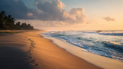 Obraz premium Golden sunrise over a tropical beach, with waves and palm trees.