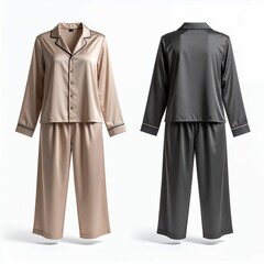 Elegant loungewear displayed, satin pajamas set in neutral hues, showcasing sleepwear fashion on white background
