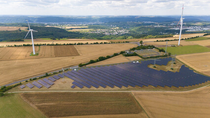 Solar panel power station, wind turbine, renewable efficient sustainable energy, electricity and...