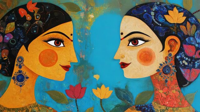 Two Indian women face each other, showcasing vibrant colors and cultural elements in illustrative style.