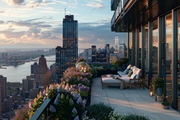 Modern penthouse terrace offering breathtaking views of the illuminated manhattan skyline during a vibrant sunset