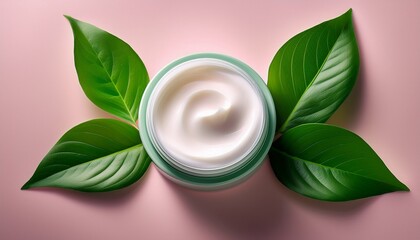 moisturizing cream surrounded by fresh green leaves on a soft pink background