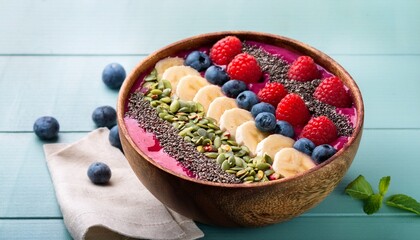 show a colorful assortment of berries and seeds on a smoothie bowl