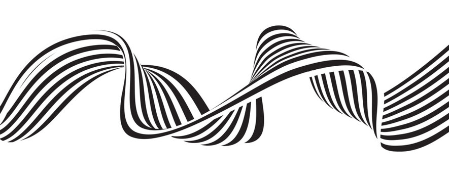 Black on white abstract perspective line wave stripes with 3d dimensional effect isolated on white.