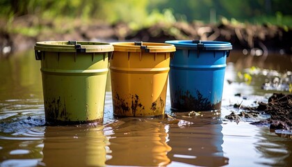 Colorful buckets in muddy water