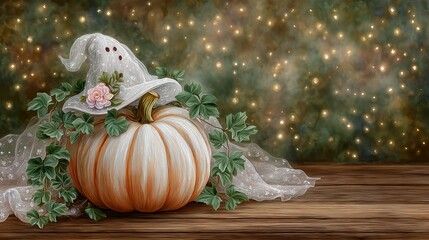 Cute halloween pumpkin with witch hat, cozy and playful decor for october holiday, seasonal aesthetic for trick or treat and party event.