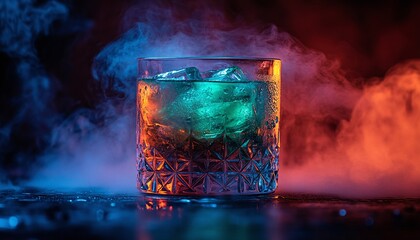 Fototapeta premium Crystalline Glass Of Cocktail With Red And Blue Smoke