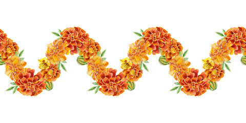 Marigolds seamless horizontal border. Flower garland. Hand drawn watercolor illustration isolated on white. For greeting cards, invitations, labels, covers, banners.