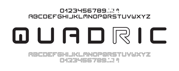 Futuristic square display alphabet in regular and outline styles. Includes uppercase letters, numbers, and symbols. Perfect for tech and sci-fi designs.