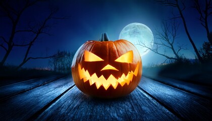 carved halloween pumpkin glowing with spooky expression at night