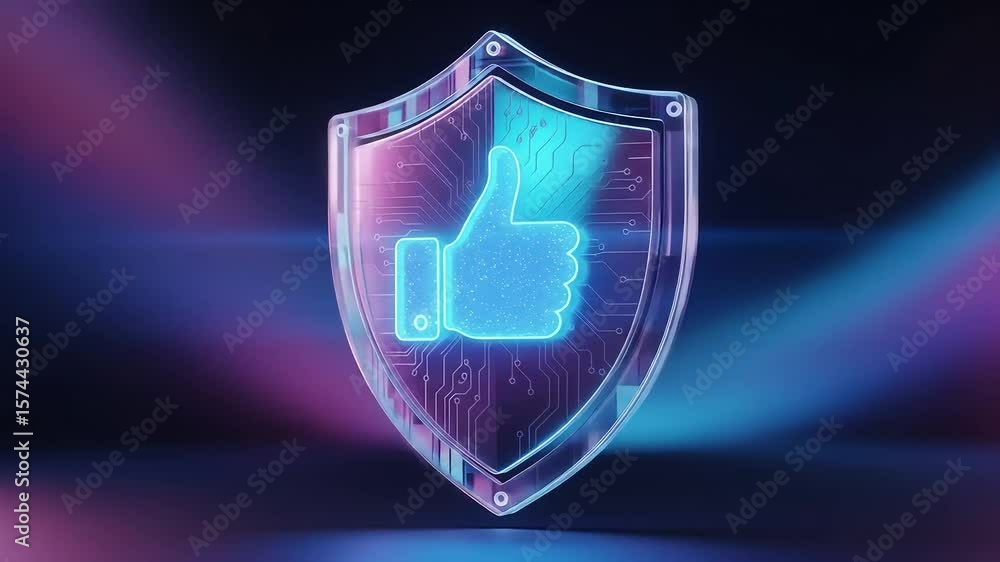 Poster shield displaying thumb up icon glows with cyberpunk vibe