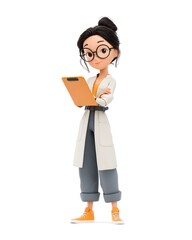 3D cartoon Asian female engineer with AR glasses holding tablet, isolated white background