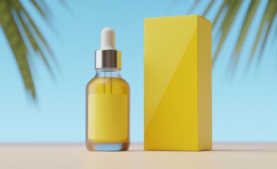 Yellow bottle with dropper and box on a table with a blue background and palm tree leaves behind it