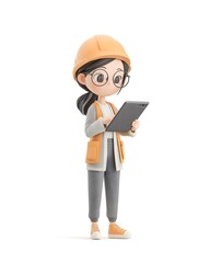 3D cartoon Asian female engineer with AR glasses holding tablet, isolated white background