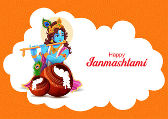 Vector illustration of Lord Krishna playing flute on Happy Janmashtami holiday Indian festival greeting background