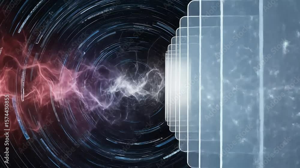 Poster moving through digital tunnel with screen displays animation