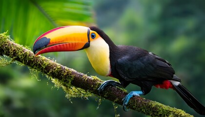 Fototapeta premium a vibrant toucan perched in a lush tropical environment the bird is positioned atop a slender branch with its bright plumage contrasting against the surrounding greenery