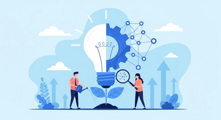 Illustration of a lightbulb merging with a gear, sprouting a plant Two figures nurture its growth, symbolizing innovation, collaboration, and growth potential