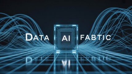 Data ai fabtic cube with blue lines and reflection on a grid surface in a dark background scene
