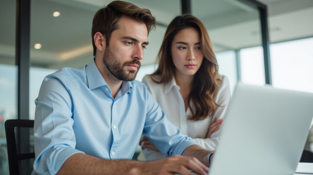 Focused professionals collaborating on laptop in modern office setting, showcasing teamwork and concentration